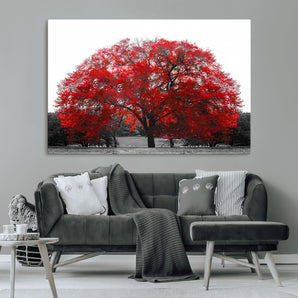 80021-MGV-CV-36X24-Red Tree Wall Art – Striking Black and White Landscape Canvas Print with Vibrant Red Leaves, Modern Nature Decor for Living Room