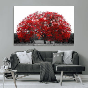 80021-MGV-CV-36X24-Red Tree Wall Art – Striking Black and White Landscape Canvas Print with Vibrant Red Leaves, Modern Nature Decor for Living Room