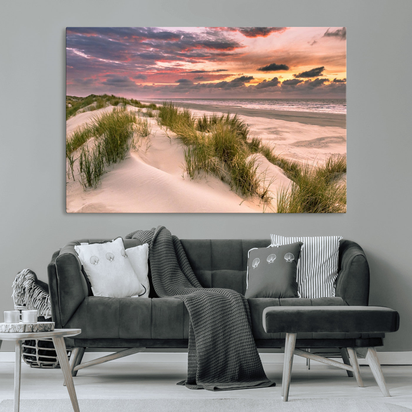 60570-MGV-CV-36X24-Beach Sunset Wall Art – Coastal Sand Dunes and Ocean Horizon Canvas Print, Tranquil Seascape Photography Decor for Living Room or