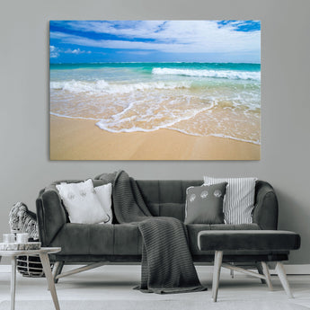 20660-MGV-CV-36X24-Ocean Wave Beach Wall Art – Serene Blue Sea and Sandy Shore Canvas Print, Coastal Landscape Photography Decor for Living Room or