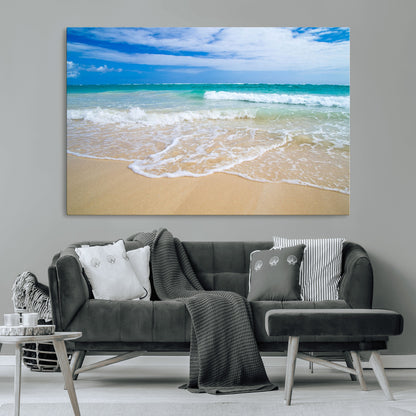 20660-MGV-CV-36X24-Ocean Wave Beach Wall Art – Serene Blue Sea and Sandy Shore Canvas Print, Coastal Landscape Photography Decor for Living Room or