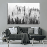 10422-MGV-CV-36X24-Misty Pine Forest Wall Art – Black and White Foggy Landscape Canvas Print, Serene Nature Woodland Decor for Bedroom, Office or