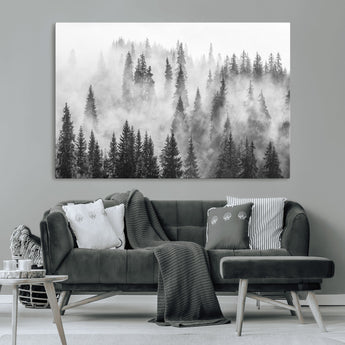 10422-MGV-CV-36X24-Misty Pine Forest Wall Art – Black and White Foggy Landscape Canvas Print, Serene Nature Woodland Decor for Bedroom, Office or