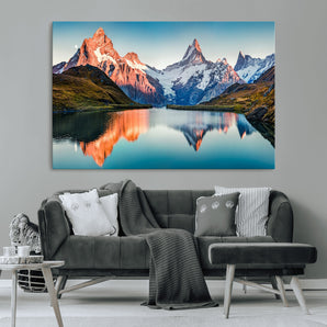 88453-MGV-CV-36X24-Mountain Lake Wall Art – Snow-Capped Peaks Reflected in Alpine Water Canvas Print, Nature Landscape Wall Decor for Living Room or
