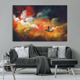 45085-MGV-CV-36X24-Surreal Cosmic Wall Art – Abstract Galaxy Dreamscape Canvas Print with Man and Dog in Boat, Fantasy Nebula Painting for Living