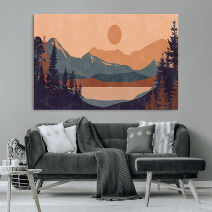 62795-MGV-CV-36X24-Minimalist Mountain Landscape Wall Art – Abstract Sunset Over Peaks and Pine Trees Canvas Print, Modern Nature Decor for Living
