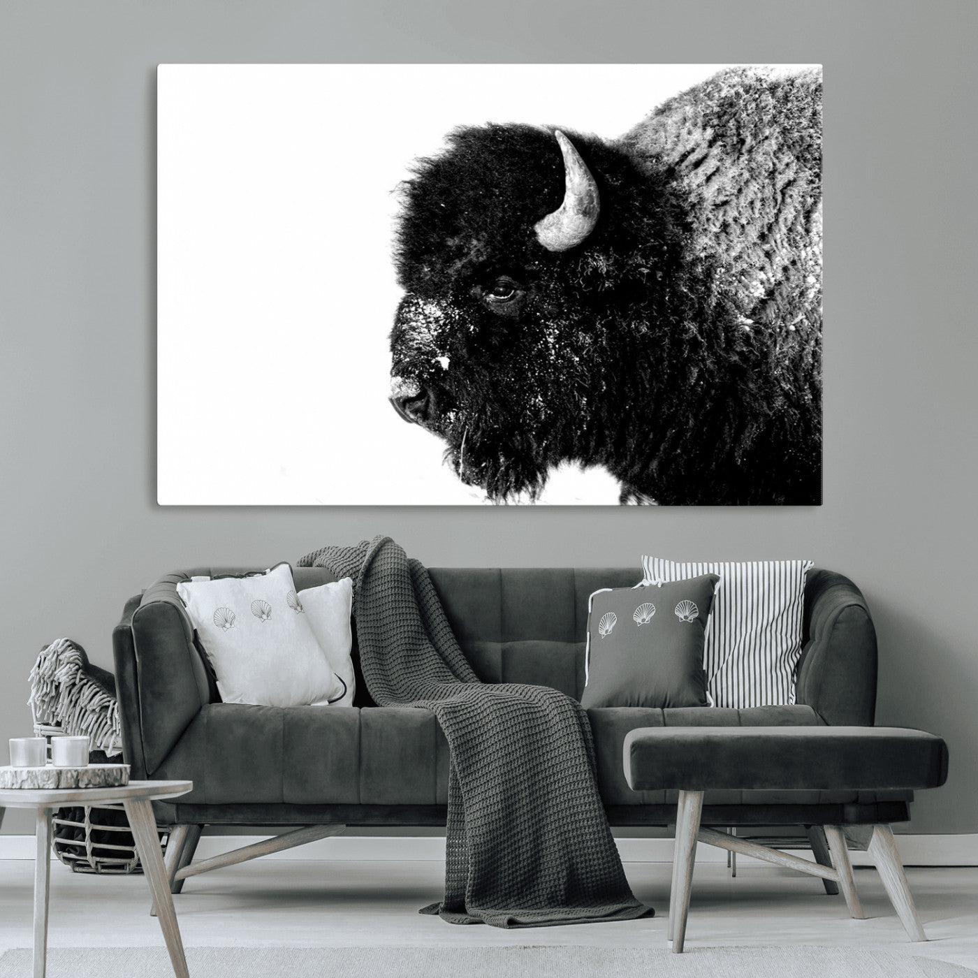 68780-MGV-CV-36X24-Bison Close-Up Wall Art – Black and White Buffalo Canvas Print, Rustic Wildlife Photography Decor for Living Room, Office, or