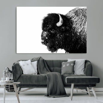 68780-MGV-CV-36X24-Bison Close-Up Wall Art – Black and White Buffalo Canvas Print, Rustic Wildlife Photography Decor for Living Room, Office, or