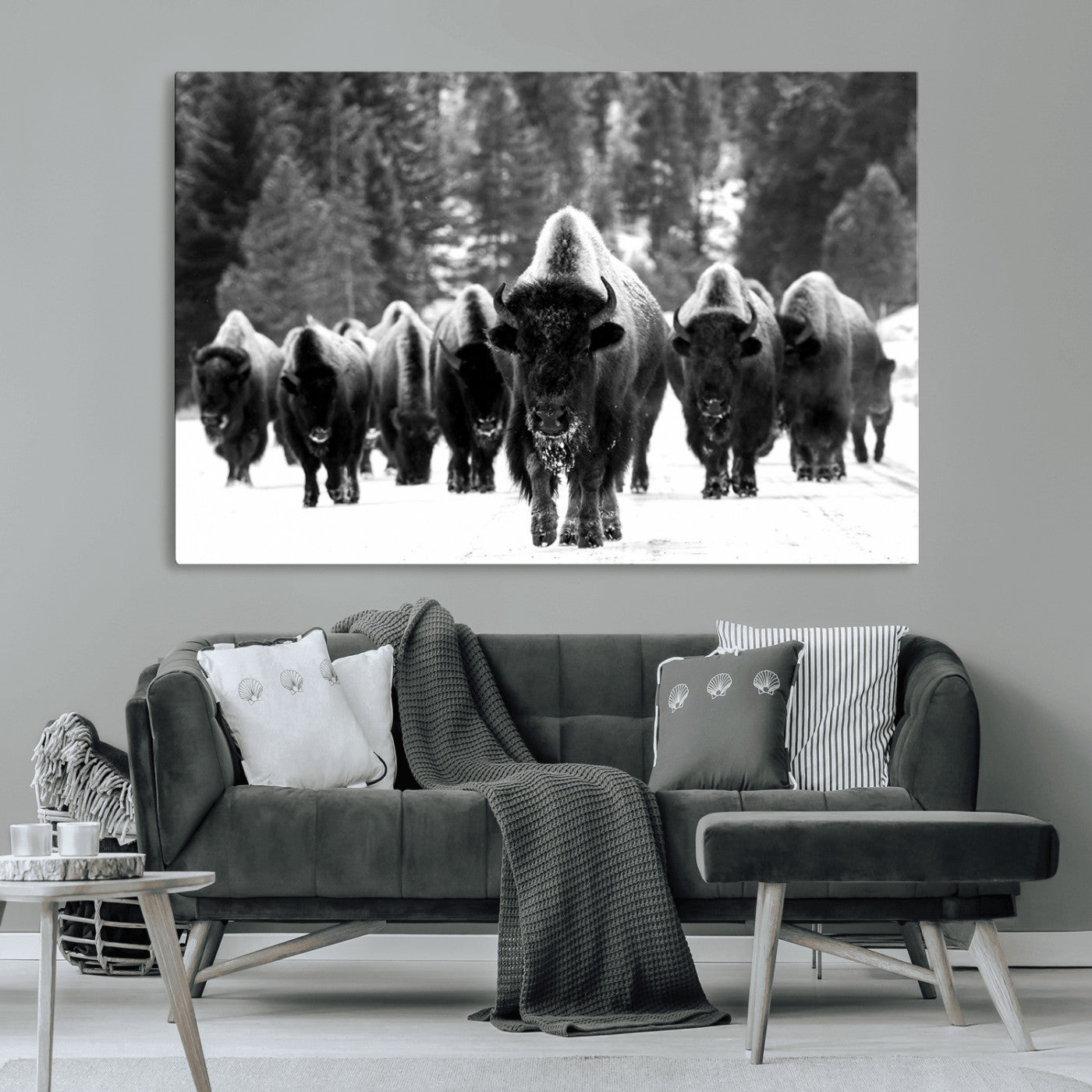 62434-MGV-CV-36X24-Bison Herd Wall Art – Majestic Black and White Buffalo Canvas Print, Wildlife Nature Photography Decor for Living Room, Office or