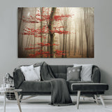 61855-MGV-CV-36X24-Misty Forest Wall Art – Red Tree with Autumn Leaves Canvas Print, Moody Woodland Nature Decor for Living Room, Bedroom, or Office