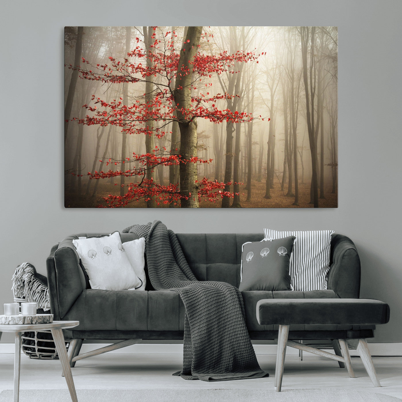 61855-MGV-CV-36X24-Misty Forest Wall Art – Red Tree with Autumn Leaves Canvas Print, Moody Woodland Nature Decor for Living Room, Bedroom, or Office