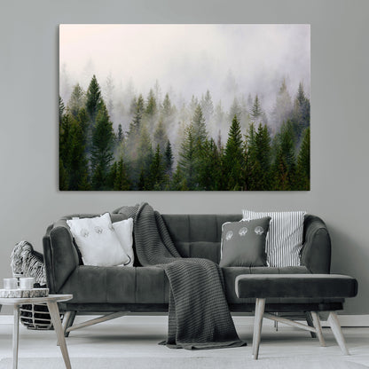 11436-MGV-CV-36X24-Misty Forest Wall Art – Tranquil Evergreen Tree Canvas Print with Foggy Landscape, Nature Inspired Artwork for Bedroom, Living