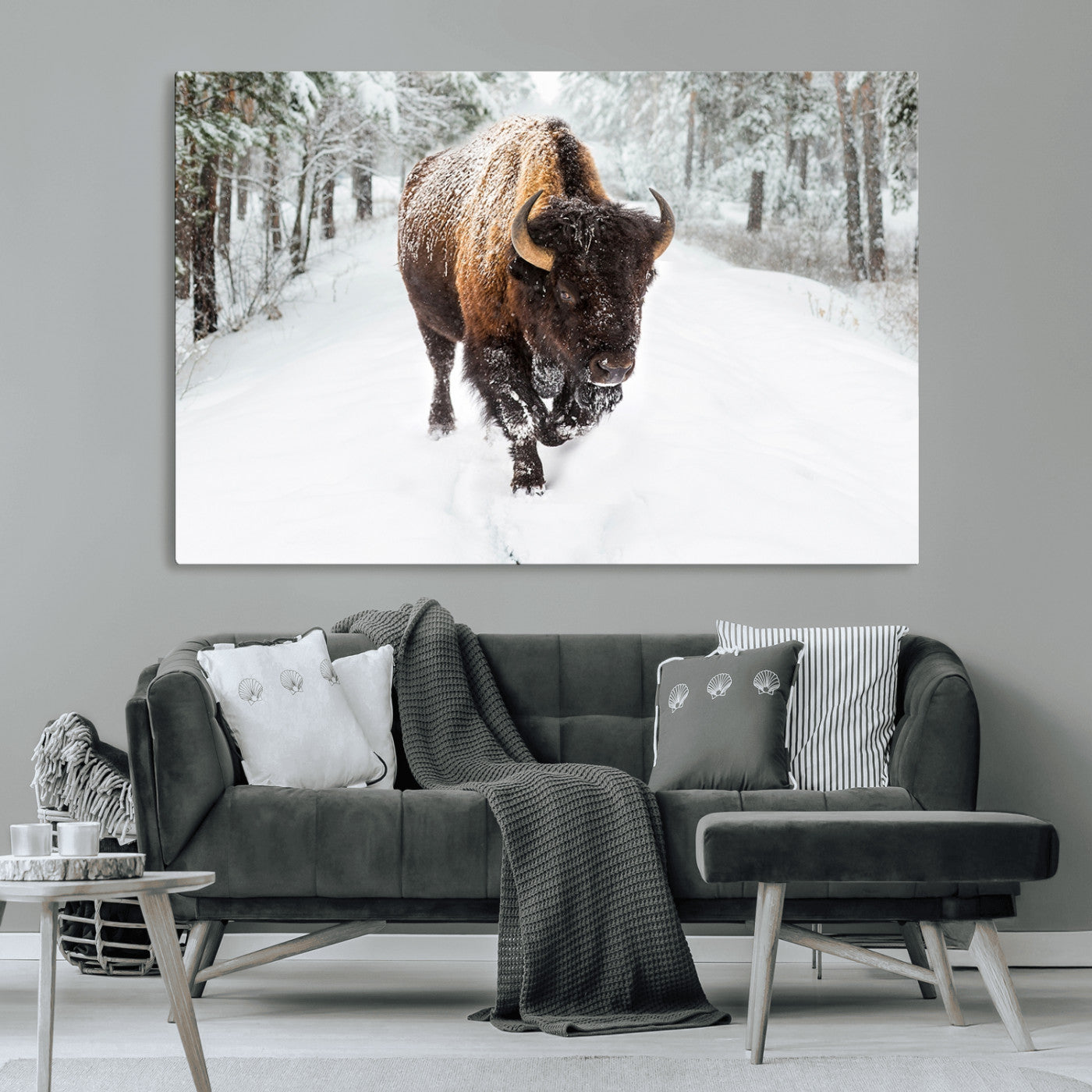 84699-MGV-CV-36X24-Bison in Winter Wall Art – Majestic Buffalo Canvas Print with Snowy Forest Landscape, Rustic Wildlife Artwork for Cabin, Living