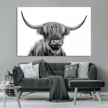 10123-MGV-CV-36X24-Black and White Highland Cow Wall Art – Modern Farmhouse Animal Print, Rustic Scottish Bull Canvas Decor for Living Room, Bedroom,