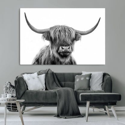 10123-MGV-CV-36X24-Black and White Highland Cow Wall Art – Modern Farmhouse Animal Print, Rustic Scottish Bull Canvas Decor for Living Room, Bedroom,