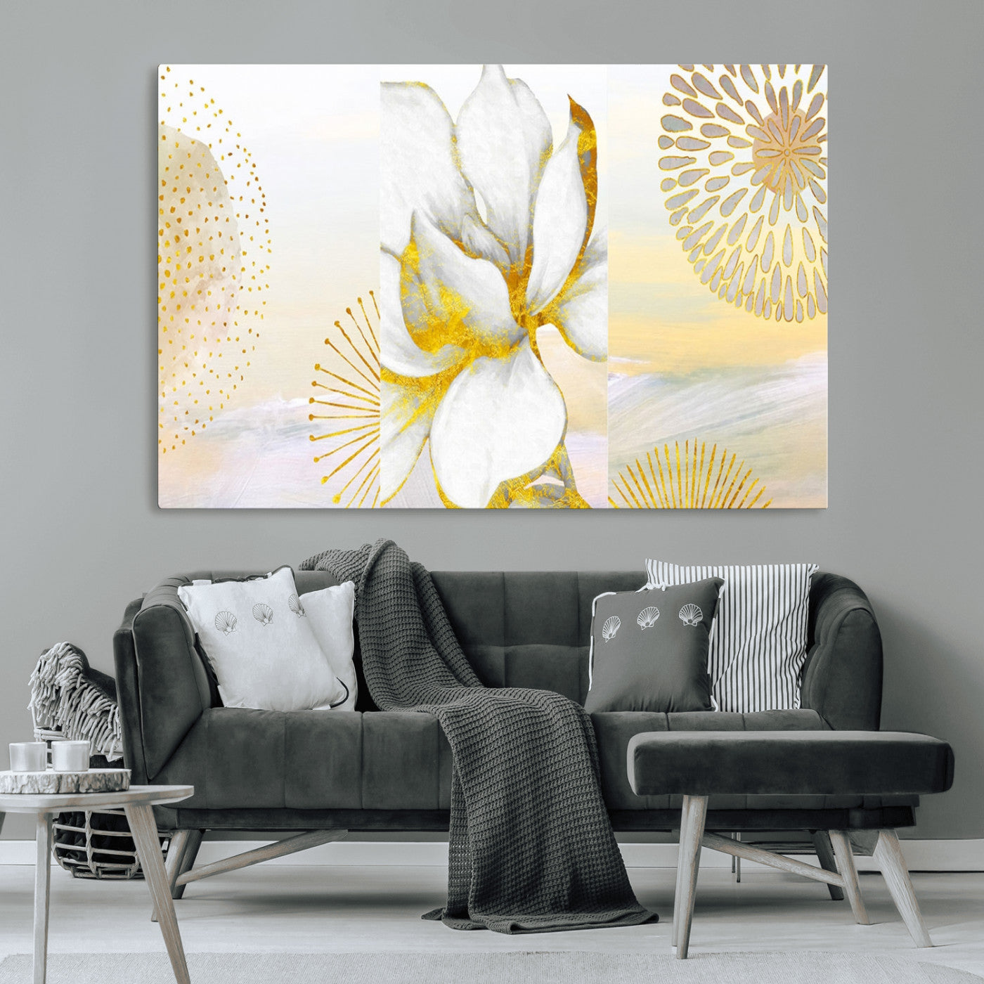 82301-MGV-CV-36X24-Modern Floral Wall Art – White Flower with Gold Detailing Canvas Print, Elegant Abstract Artwork for Living Room, Bedroom, or