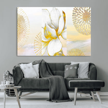 82301-MGV-CV-36X24-Modern Floral Wall Art – White Flower with Gold Detailing Canvas Print, Elegant Abstract Artwork for Living Room, Bedroom, or