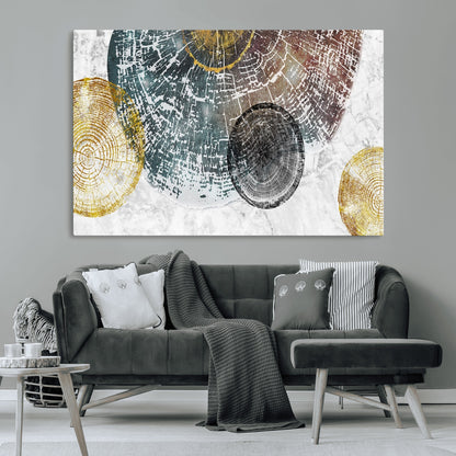 70653-MGV-CV-36X24-Abstract Tree Ring Wall Art – Modern Rustic Wood Slice Canvas Print with Gold Accents, Contemporary Nature Decor for Living Room,