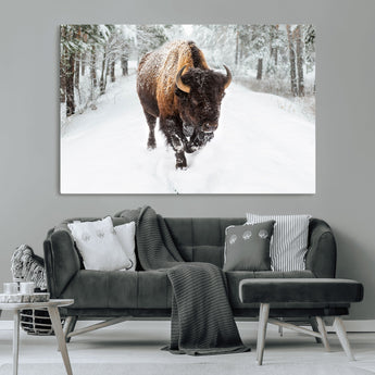 10109-MGV-CV-36X24-Majestic Bison Winter Wall Art – Snowy Forest Buffalo Canvas Print, Rustic Wildlife Photography Decor for Cabin, Lodge, Living