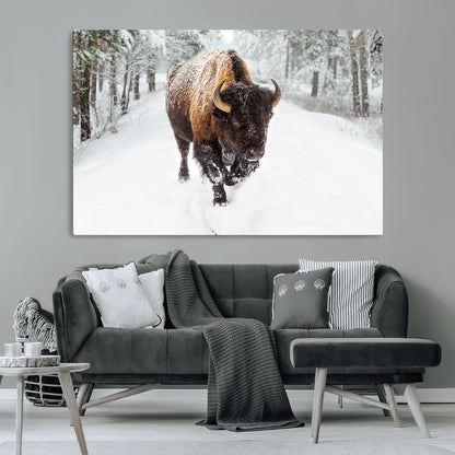 10109-MGV-CV-36X24-Majestic Bison Winter Wall Art – Snowy Forest Buffalo Canvas Print, Rustic Wildlife Photography Decor for Cabin, Lodge, Living