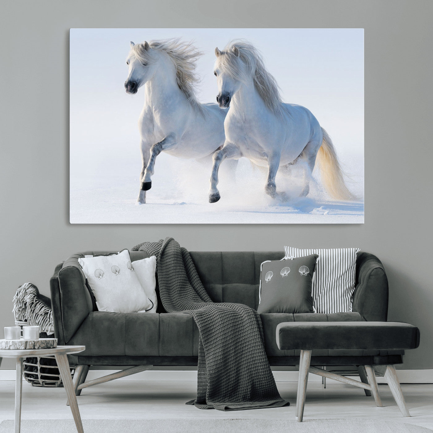 80145-MGV-CV-36X24-White Horses Running Snow Wall Art – Majestic Equine Canvas Print, Winter Nature Photography Decor for Living Room, Office,