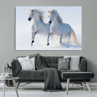 80145-MGV-CV-36X24-White Horses Running Snow Wall Art – Majestic Equine Canvas Print, Winter Nature Photography Decor for Living Room, Office,