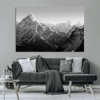 10775-MGV-CV-36X24-Snow Capped Mountain Wall Art – Black and White Canvas Print of Majestic Peaks, Nature Landscape Photography for Office, Bedroom,