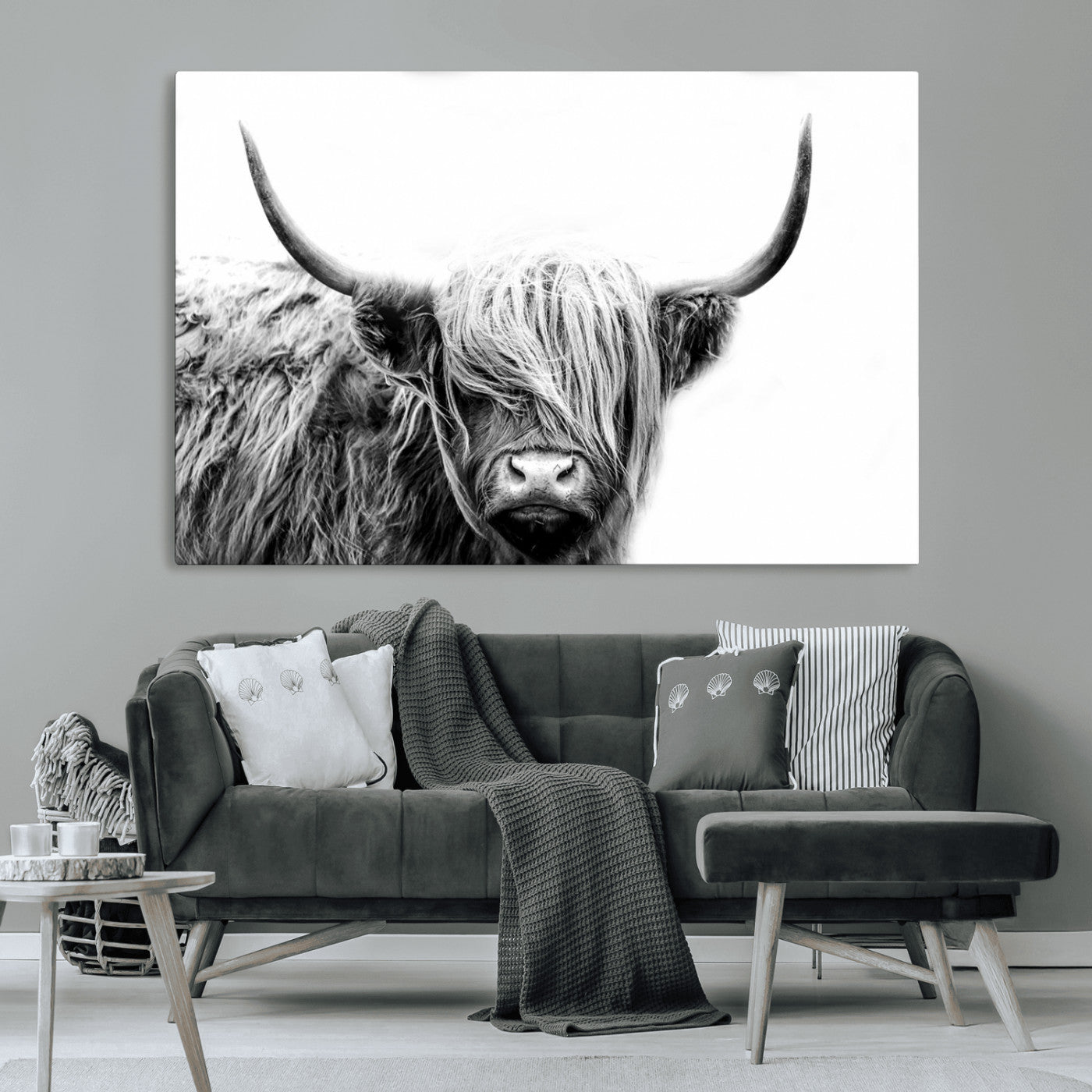 51957-MGV-CV-36X24-Highland Cow Wall Art – Black and White Scottish Highland Bull Canvas Print, Rustic Farmhouse Animal Decor for Living Room,
