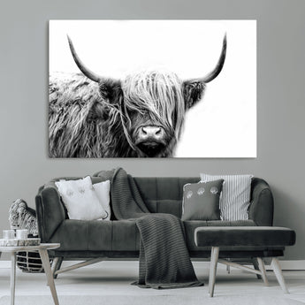 51957-MGV-CV-36X24-Highland Cow Wall Art – Black and White Scottish Highland Bull Canvas Print, Rustic Farmhouse Animal Decor for Living Room,