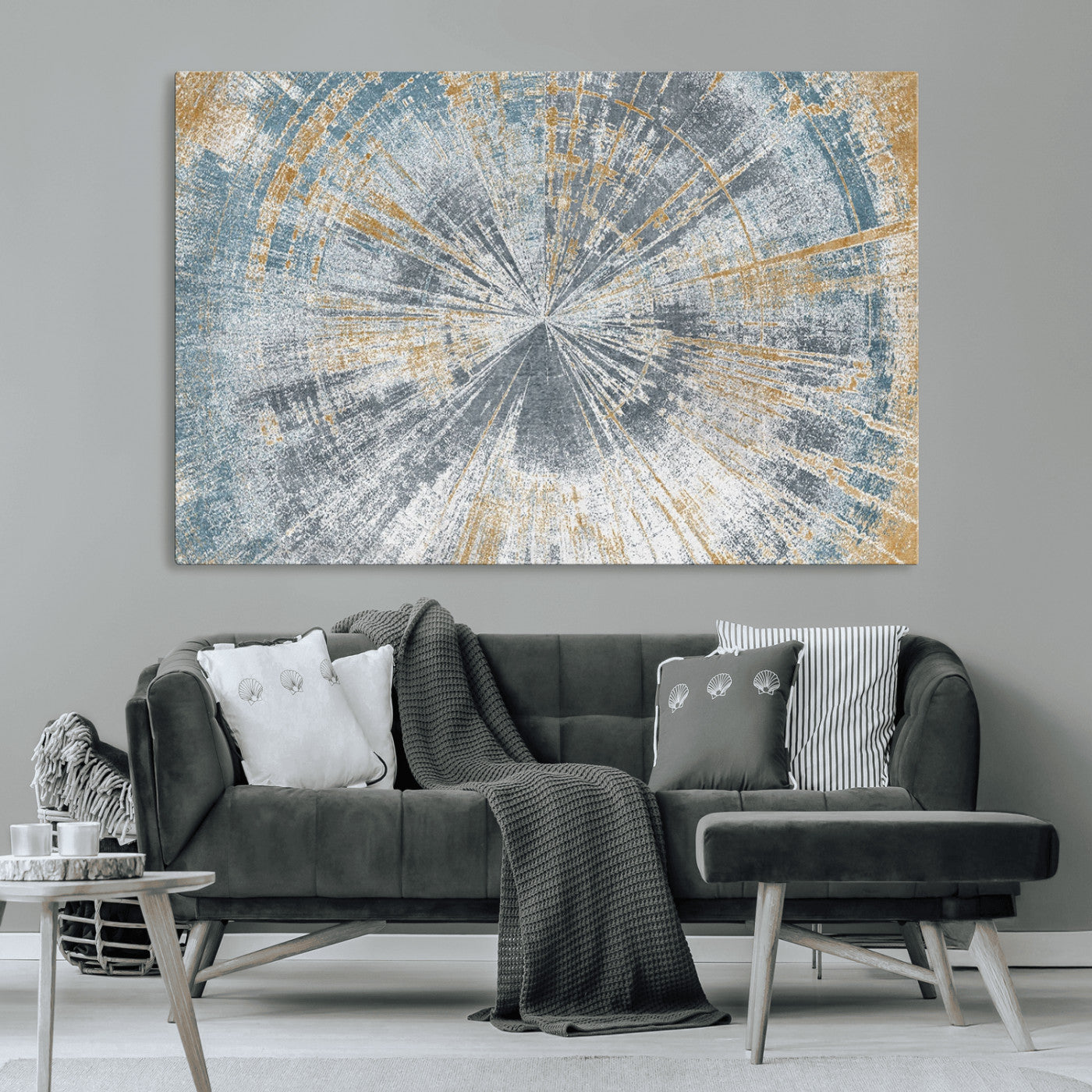 17631-MGV-CV-36X24-Radiant Burst Wall Art – Abstract Sunburst Canvas Print in Blue and Gold, Modern Geometric Painting for Living Room, Office or
