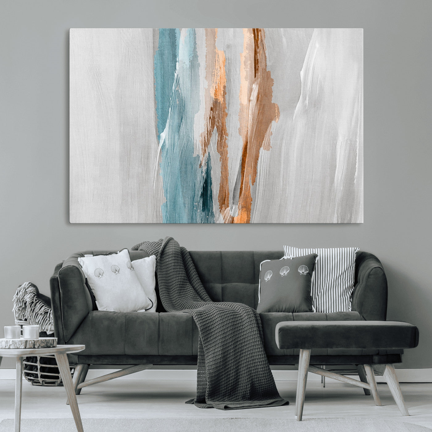 66154-MGV-CV-36X24-Abstract Brushstroke Wall Art – Modern Teal and Gold Canvas Print, Minimalist Contemporary Painting for Living Room, Bedroom, or