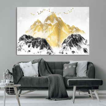 37733-MGV-CV-36X24-Golden Mountain Wall Art – Modern Abstract Landscape Canvas Print with Birds, Luxury Nature Decor for Living Room, Bedroom, or