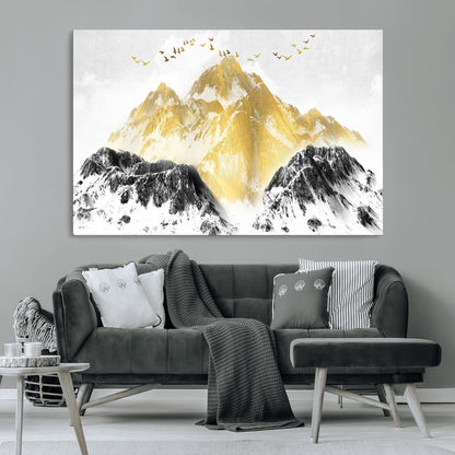 37733-MGV-CV-36X24-Golden Mountain Wall Art – Modern Abstract Landscape Canvas Print with Birds, Luxury Nature Decor for Living Room, Bedroom, or