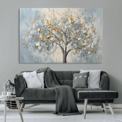 65811-MGV-CV-36X24-Abstract Tree Wall Art – Textured Canvas Painting with Gold and White Leaves, Modern Nature Inspired Decor for Living Room or