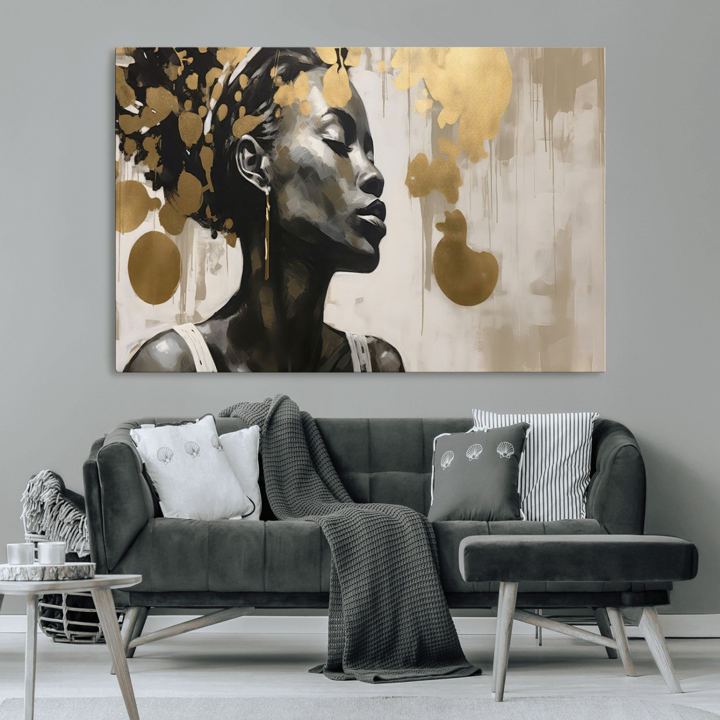 65669-MGV-CV-36X24-Elegant Black Woman Wall Art – Modern Abstract Portrait Canvas with Gold Accents, Contemporary Afrocentric Decor for Living Room