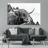 61570-MGV-CV-36X24-Highland Cow Wall Art – Black and White Scottish Bull Canvas Print, Rustic Farmhouse Animal Decor for Living Room, Bedroom, or