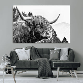 61570-MGV-CV-36X24-Highland Cow Wall Art – Black and White Scottish Bull Canvas Print, Rustic Farmhouse Animal Decor for Living Room, Bedroom, or