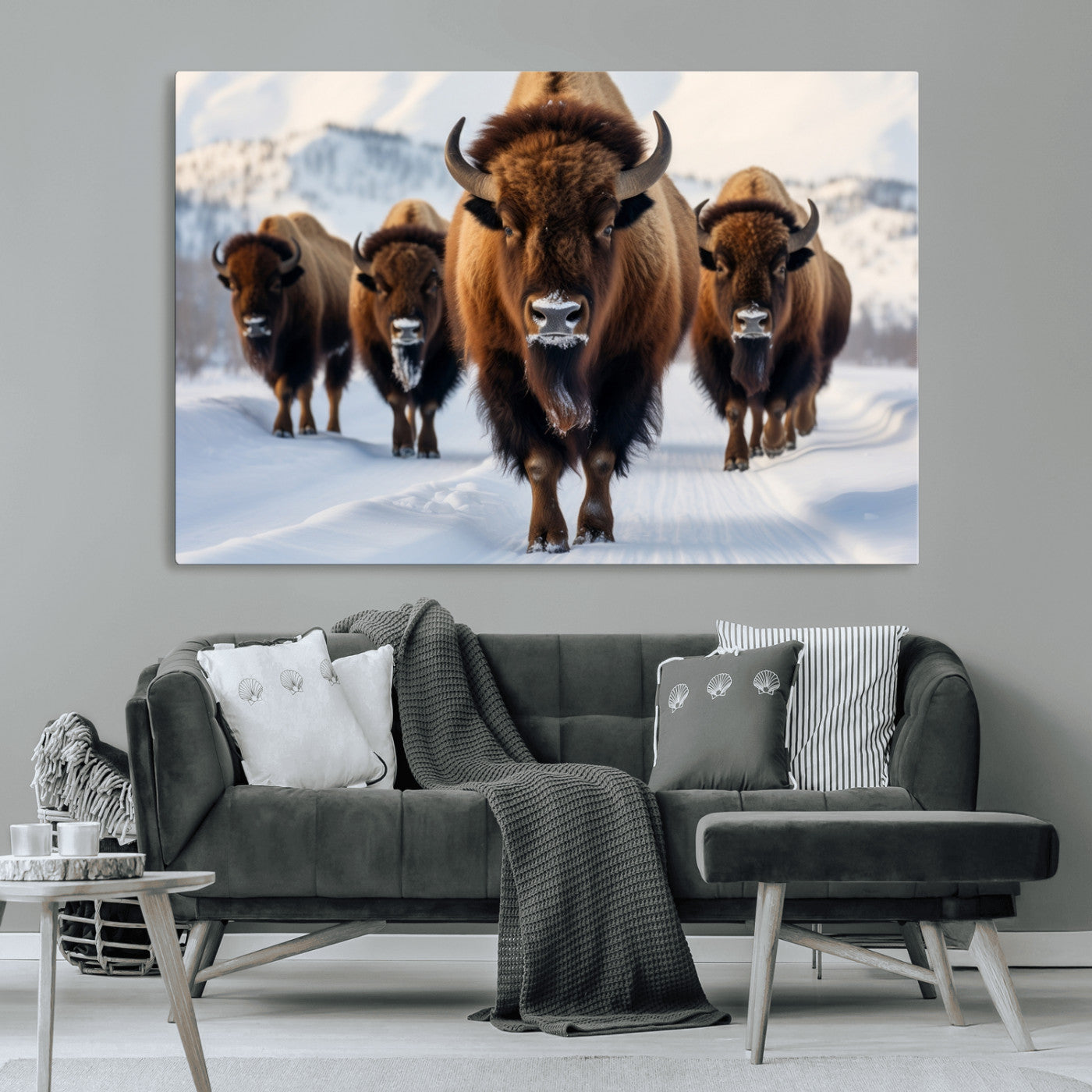 56701-MGV-CV-36X24-Bison Herd Wall Art – Buffalo Walking in Snowy Mountains Canvas Print, Rustic Wildlife Decor for Cabin, Lodge, or Living Room