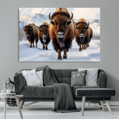 56701-MGV-CV-36X24-Bison Herd Wall Art – Buffalo Walking in Snowy Mountains Canvas Print, Rustic Wildlife Decor for Cabin, Lodge, or Living Room
