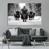45287-MGV-CV-36X24-Bison Herd Wall Art – Black and White Buffalo Snow Road Canvas Print, Rustic Wildlife Decor for Cabin, Lodge or Living Room