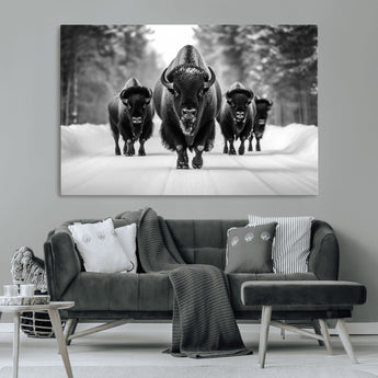 45287-MGV-CV-36X24-Bison Herd Wall Art – Black and White Buffalo Snow Road Canvas Print, Rustic Wildlife Decor for Cabin, Lodge or Living Room