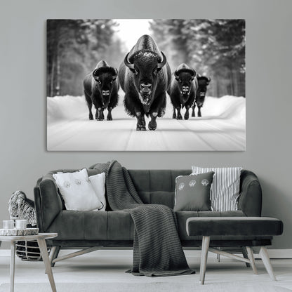 45287-MGV-CV-36X24-Bison Herd Wall Art – Black and White Buffalo Snow Road Canvas Print, Rustic Wildlife Decor for Cabin, Lodge or Living Room