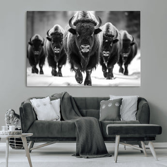79872-MGV-CV-36X24-Bison Herd Wall Art – Black and White Buffalo on Snow Canvas Print, Rustic Wildlife Decor for Lodge, Cabin, or Living Room