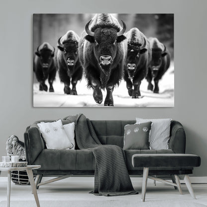 79872-MGV-CV-36X24-Bison Herd Wall Art – Black and White Buffalo on Snow Canvas Print, Rustic Wildlife Decor for Lodge, Cabin, or Living Room
