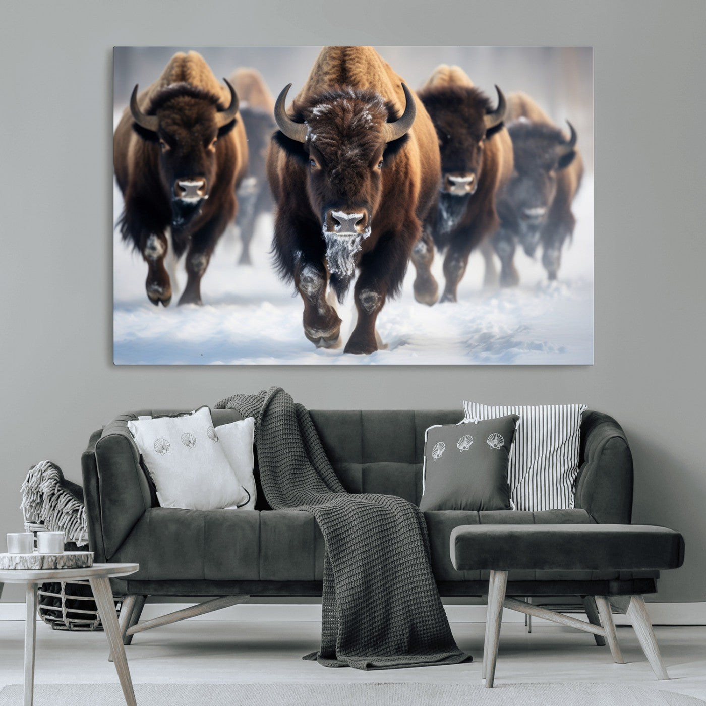 80512-MGV-CV-36X24-Bison Herd Wall Art – Buffalo Running in Snow Canvas Print, Rustic Wildlife Photography Decor for Cabin, Lodge, or Living Room