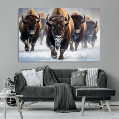 80512-MGV-CV-36X24-Bison Herd Wall Art – Buffalo Running in Snow Canvas Print, Rustic Wildlife Photography Decor for Cabin, Lodge, or Living Room