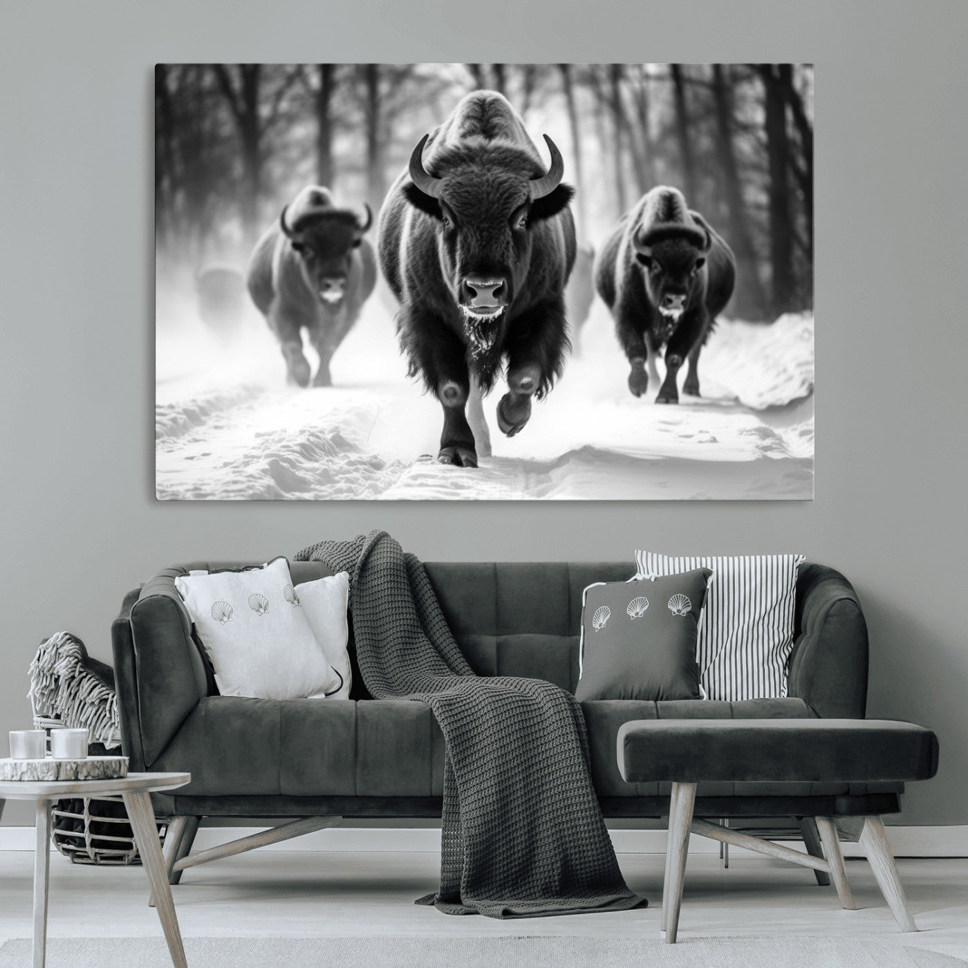 97552-MGV-CV-36X24-Black and White Bison Wall Art – Buffalo Herd Running in Snow Canvas Print, Rustic Wildlife Photography Decor for Cabin, Lodge, or