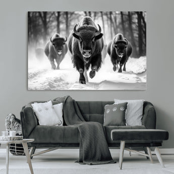 97552-MGV-CV-36X24-Black and White Bison Wall Art – Buffalo Herd Running in Snow Canvas Print, Rustic Wildlife Photography Decor for Cabin, Lodge, or
