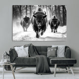 97552-MGV-CV-36X24-Black and White Bison Wall Art – Buffalo Herd Running in Snow Canvas Print, Rustic Wildlife Photography Decor for Cabin, Lodge, or