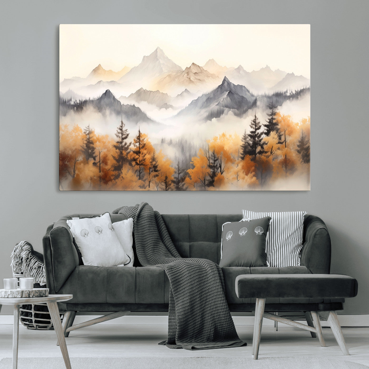 70049-MGV-CV-36X24-Autumn Mountain Forest Wall Art – Misty Landscape Canvas Print, Rustic Nature Inspired Decor for Living Room, Bedroom or Office
